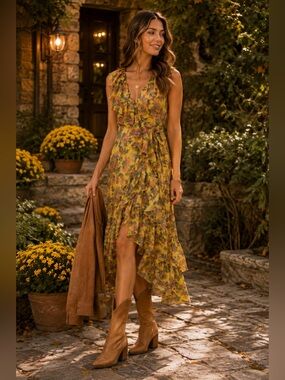 NWT Misa Los Angeles Ilune Yellow Floral Self-Tie Wrap Dress size Small runs big